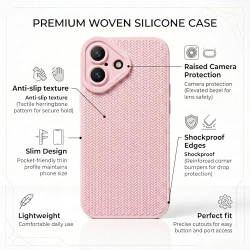 Image of amazon basics Luxury 3D Knitted Texture Soft Silicone Back Cover for iPhone 16 | Slim Fit Shockproof Case with Camera Protection & Non-Slip Grip - Pink