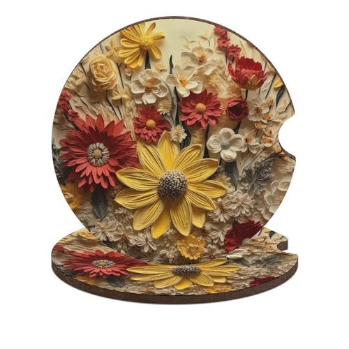 Portavasos para auto de madera con diseño floral, pack 2 miniatura 1