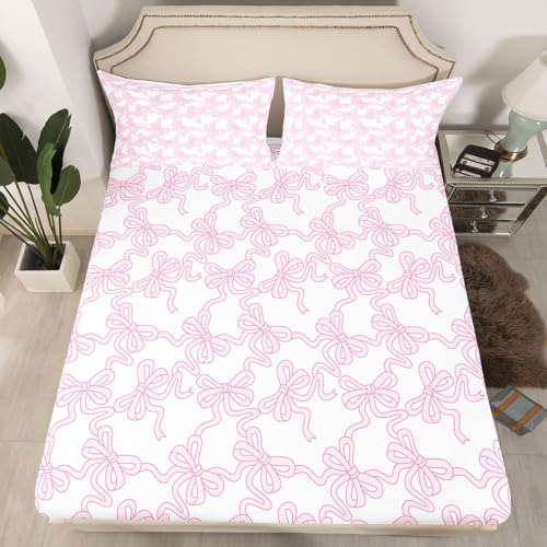 Image of Castle Fairy Pink Bowknot Fitted Sheet Set Full Size 4 Pcs,Coquette Bowtie Teens Sheets,Kawaii Watercolor Ribbon Bow Bedding Sets (1 Fitted,1 Flat,2 Pillowcases)
