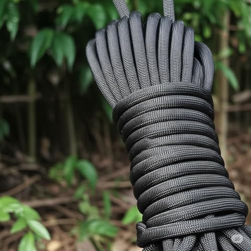Image of ART IFACT 66 Feets of 8mm Outdoor Safety Rope with Screw Lock Carabiner - Heavy Duty Static Utility Rope for Camping, Rescue, Emergency Escape & Tree Work (Black)