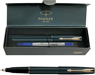 Frontier Rollerball Pen | Gold trim | Ink Color Blue | Matte finish black Body | Premium Smooth Writing Pen designed for Students, Creators, and Professionals