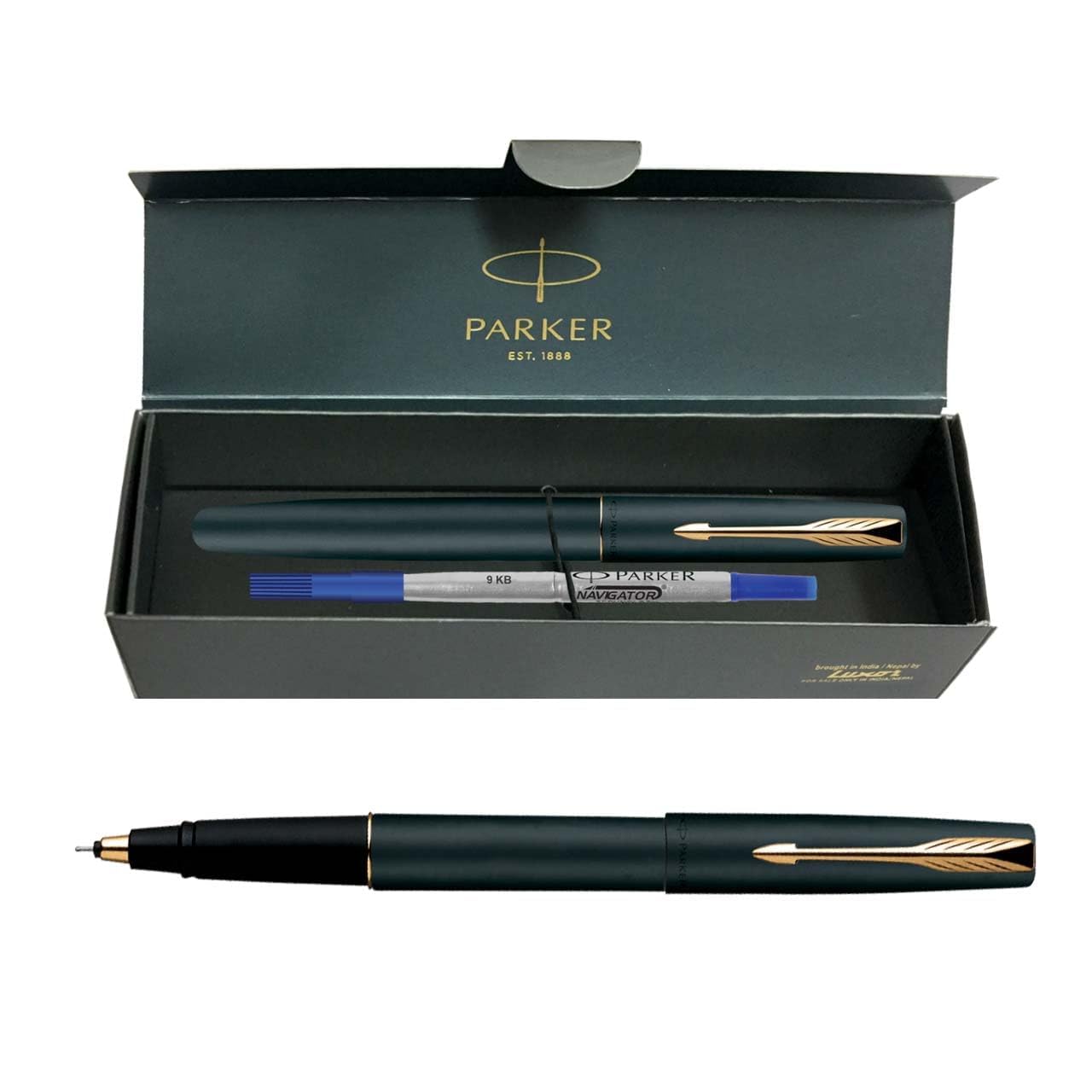 Parker Frontier Rollerball Pen | Gold trim | Ink Color Blue | Matte finish black Body | Premium Smooth Writing Pen designed for Students, Creators, and Professionals
