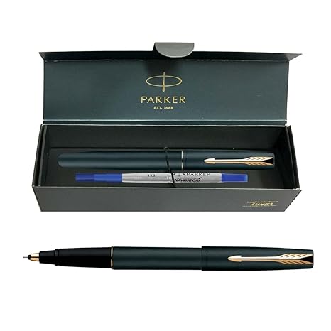 Parker Frontier Rollerball Pen | Gold trim | Ink Color Blue | Matte finish black Body | Premium Smooth Writing Pen designed for Students, Creators, and Professionals