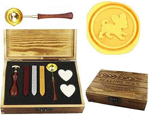 Vintage Puppy Dog Sealing Wax Seal Stamp Kit Melting Spoon Wax Stick Candle Wooden Book Gift Box Set Wedding Invitation Embellishment Holiday Card Gift Wrap Package Gift Idea Seal Stamp Set