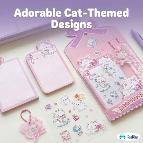 Image of FunBlast Cute Cat Sticky Notes - Cat Memo Pad, Kawaii Sticky Note for Kids & Girls, Self Adhesive Notes and Bookmark, Stationery Gift for School, Office & Personal Use (Pink)