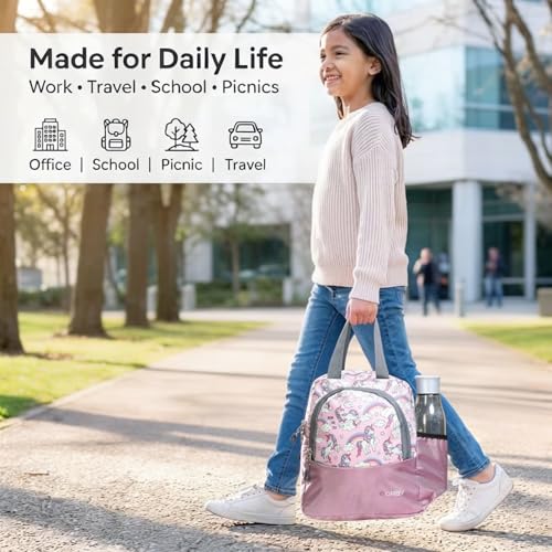 Image of ORBY Lunch Bag Unicorn Lavender | Water-Repellent Durable Fabric | Tiffin Bag with Bottle Holder & Front Pocket | Strong Zipper & Spacious Meal Storage (Unicorn Pattern, Lavender)