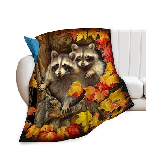 Raccoon Blanket Gifts for Girls - Maple Leaf Throw Blanket, Soft Warm Fleece Flannel Plush for Bed, Sofa, Couch - 50