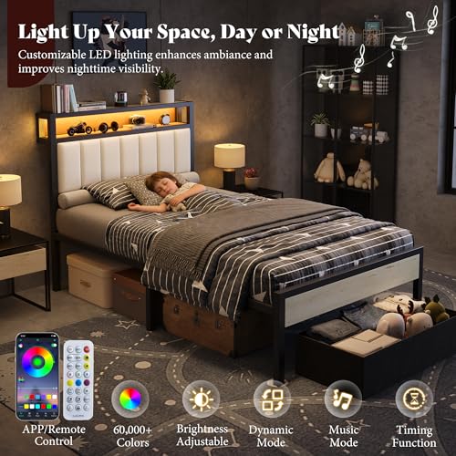 Image of AMERLIFE Twin Bed Frame with LED Light and 2 Storage Drawers, Metal Platform Bed with Storage Headboard, Velvet Upholstered, Heavy-Duty Slats, No Box Spring Needed, Easy Assembly, White
