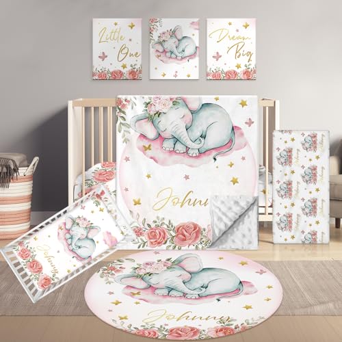 Terwex Personalized Baby Bedding Set, 5 Pcs Custom Name Bedding for Girls & Boys - Soft Toddler Crib Sets for Infant Customized Gifts, Pink Elephant