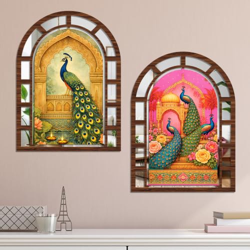 Image of Artvibes Traditional Arch Peacock Theme Decorative Wall Hanging | Jharokha Mirror for Living Room, Bedroom, Hall, Foyer, Dining Room, Office & Entrance | Gift (WHJ 12037N), Set of 2