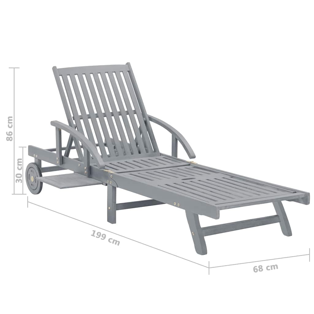 Leżak relaksacyjny z litego drewna akacjowego, szary, regulowany, do ogrodu, na taras, balkon, basen, plażę, kemping, urlop z kółkami, powierzchnia odporna na warunki atmosferyczne