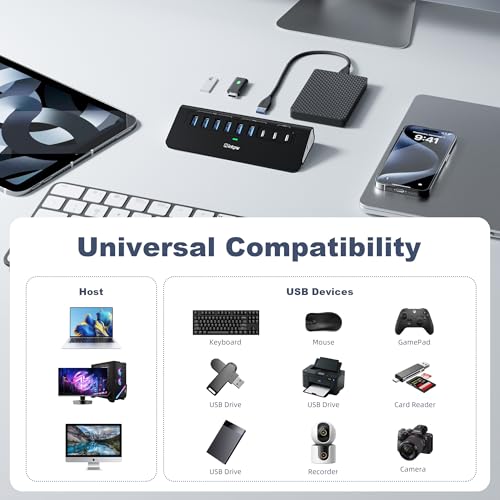 Image of Powered USB Hub 10Gbps, intpw YH6AC 9-Port USB HUB with USB A /USB C 3.2, 4 USB 3.0, 2 PD 45W Charging Port, 65W Power Adapter + 5FT Cable, Aluminum USB Hub for Laptop, PC,iPhone 17 /16