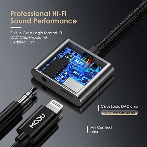 MOOU iPhone Splitter Audio and Charge Adapter [Apple MFi Certified] 2 in 1 Lightning to 3.5mm Headphones Jack + Charger Adapter for iPhone 14/14 Pro/13/13 Pro/13 Pro Max/12/12 Mini/11/11 Pro/X/XS/SE