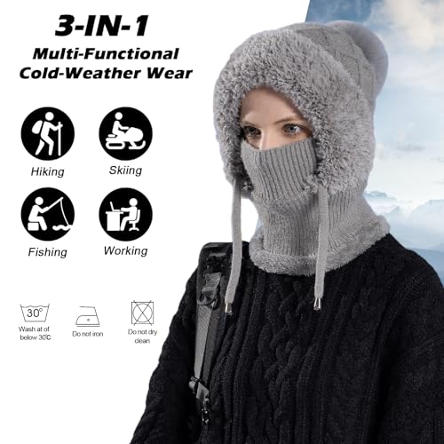 TAGVO Strickmütze Damen Thermo Winter, 3 in 1 Beanie Mütze Warm Strickmütze & Halswärmer Sets, Multifunktional Verstellbar Sturmhaube Gesichtsmaske mit Dickes Fleece gefüttert für Frauen Outdoor