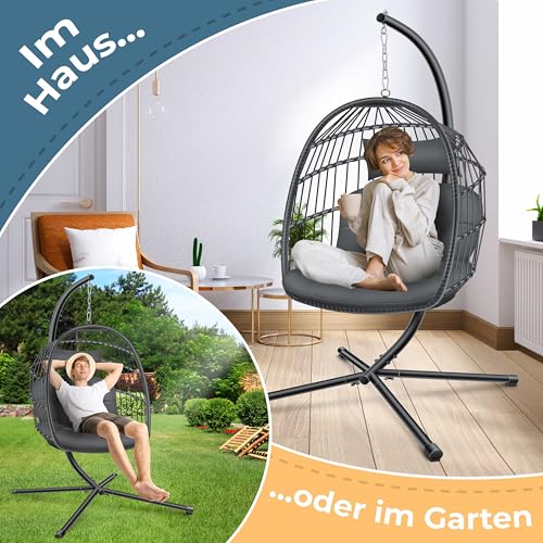 KESSER® Hängesessel Jungle mit Gestell Stahl Hängekorb Sessel Großen Kissen + Decken Halterung + Cover Hängeschaukel Hängesitz Indoor - Outdoor Schaukel Hängestuhl für Kinder und Erwachsene, Anthrazit