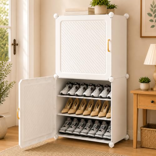 Image of Sunderlook Shoe Rack Plastic for Home- Shoe Stand, Chappal Stand, Professional Multipurpose Foldable Standing Comfort Runner Shoe Rack with Door, Slipper Stand (White, 6 Shelf 2 Door)