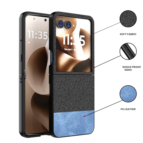 Image of Kapa Soft Fabric & Leather Hybrid Protective Back Cover for Moto Razr 60 /50 | Shockproof Slim Hard Anti Slip Back Case (Black,Blue)