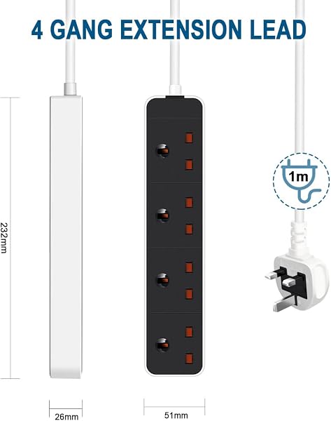 EXTRASTAR 4 Way Extension Lead 1M, 4 Plug Extension Socket Max 3120W, 13A UK Power Strip for Home Office School - 3