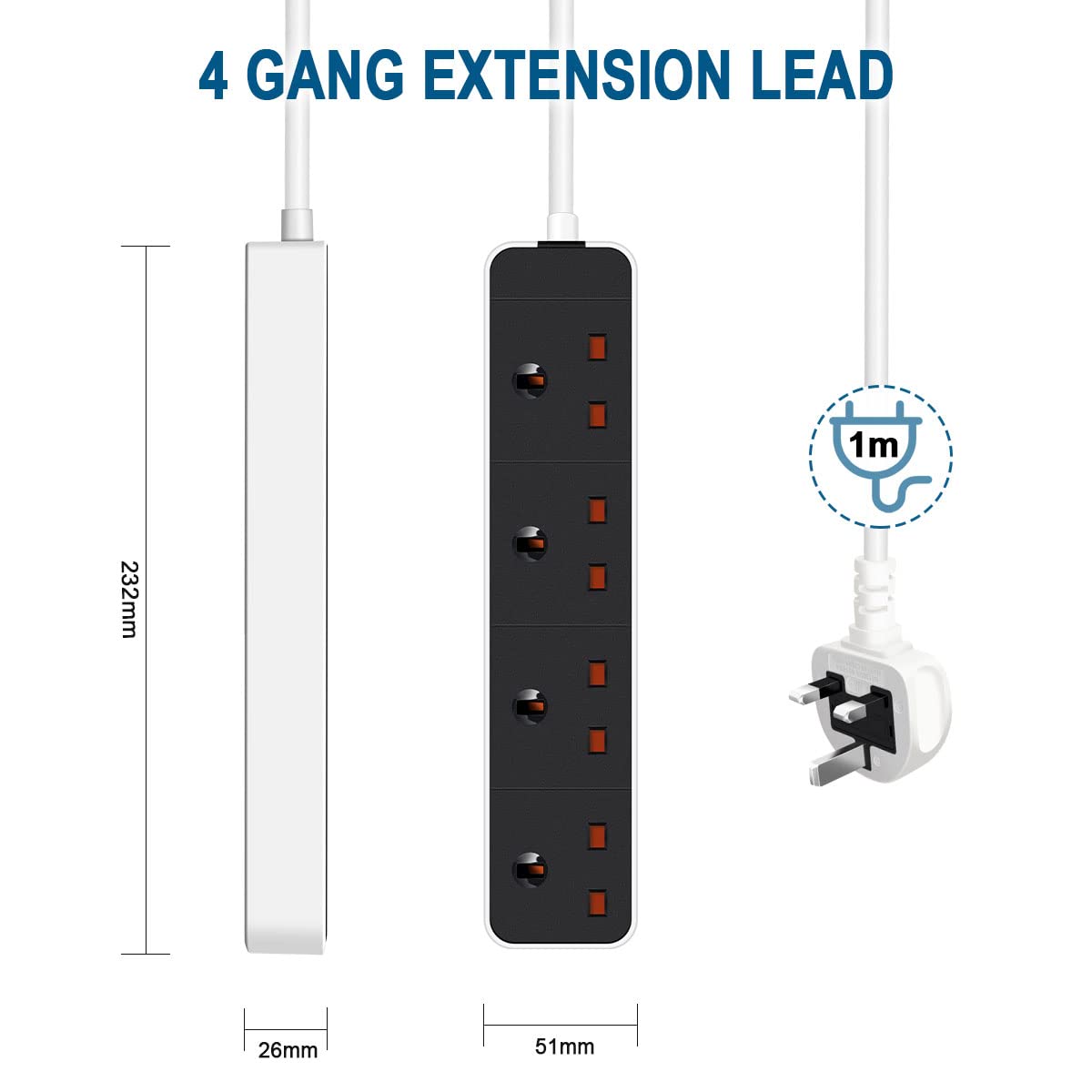 EXTRASTAR 4 Way Extension Lead 1M, 4 Plug Extension Socket Max 3120W, 13A UK Power Strip for Home Office School — view 3