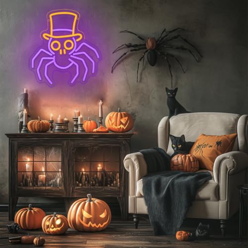Image of Spider Halloween Neon Sign for Wall Decor Spider In Hat Neon Light Horror Led Sign Animal Neon Light Signs for Bedroom Halloween Decoration