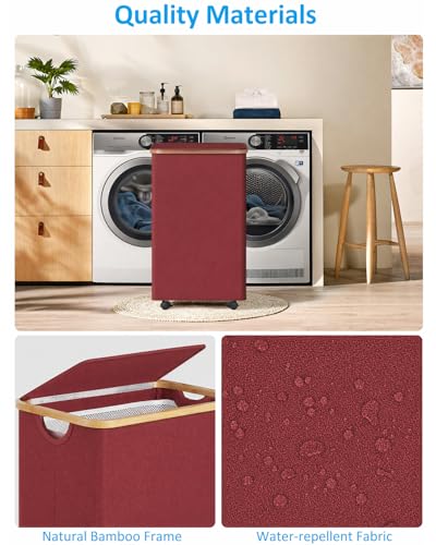 Image of efluky Laundry Basket with Wheels, Tall Rolling Laundry Hamper with Lid and Removable Bag, Aesthetic Dirty Clothes Hamper on Wheels for Laundry Room, Bedroom, Dorm and Bathroom, 100L Red