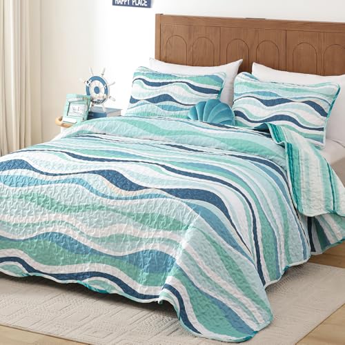 DJY Coastal Quilt Queen Size, 3 Pcs Seawaves Beach Theme Bedspread Bedding by DJY - Used condition - Image 2