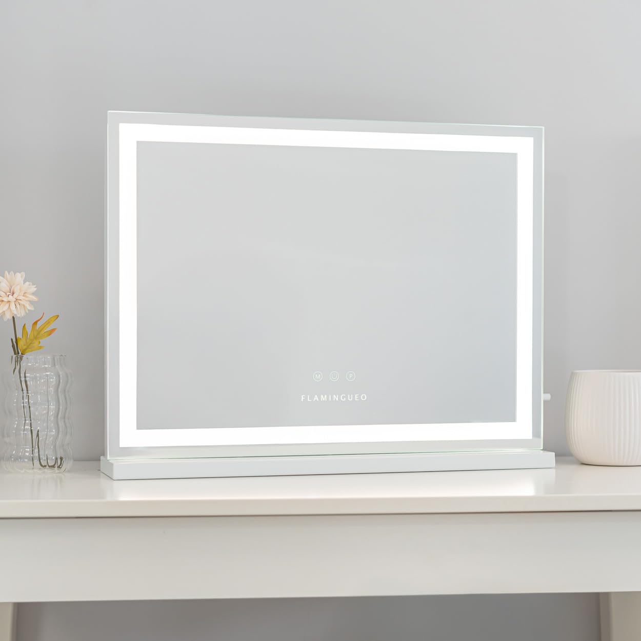 Flamingueo Specchio Trucco con Luci - Striscia LED - 3 Modi di Luce - Intensità Regolabile - Controllo Tattile - Vanity Mirror - Bianco - 58x12x43cm