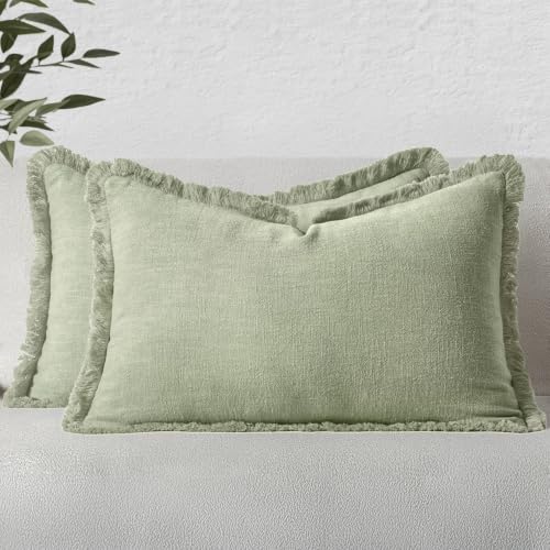 Image of MIULEE Linen Fringe Decorative Lumbar Throw Pillow Covers Sage Green 12x20