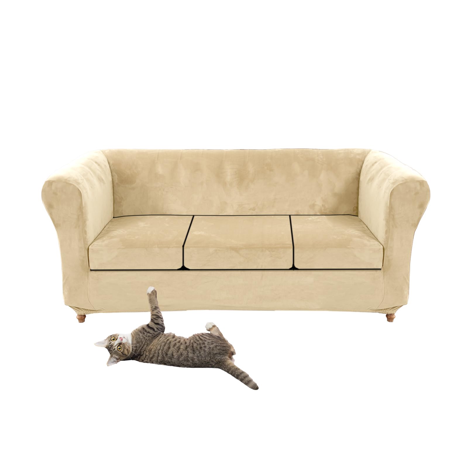 Stretch Velvet Chesterfield Sofa Cover Couch Cover with Seat Cushion Covers for Curved Chaise Armchairs Vintage Style (Beige Sofa + 3 Large Seats)