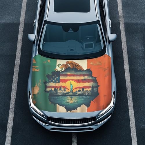 Image of Mexican USA Flag Design Car Hood Cover Protector 59x39 inches Stretchable Auto Hood Wrap Blankets, Waterproof Automotive Accessories for SUV Sedans Trucks