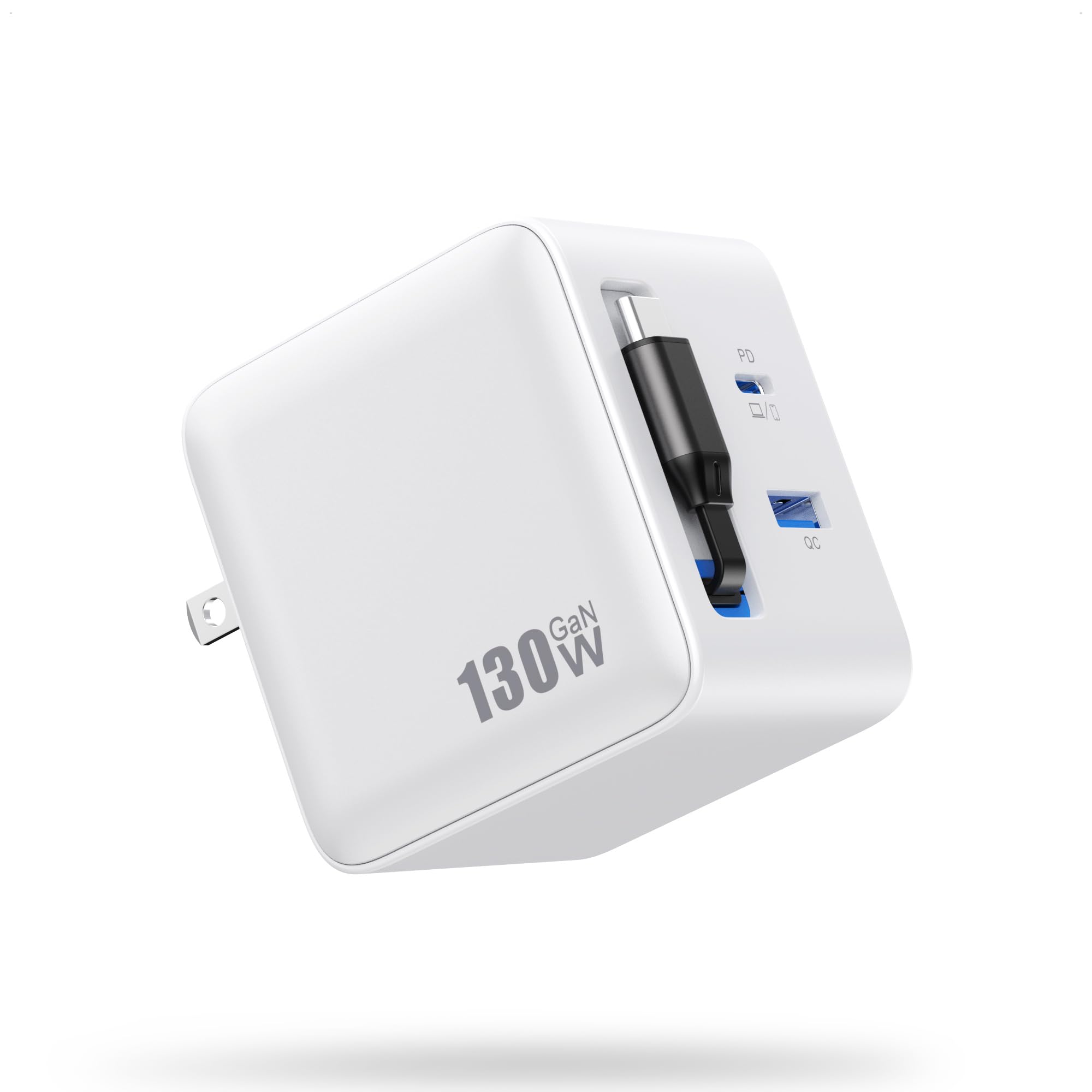 130W USB C Charger Block with Built-in Retractable Cable,Foldable Plug Wall Charger and 2 USB Ports,65W PD USB C GaN Fast Charging Station Traval Power Adapter for MacBook,iPhone 17/16,Galaxy-White