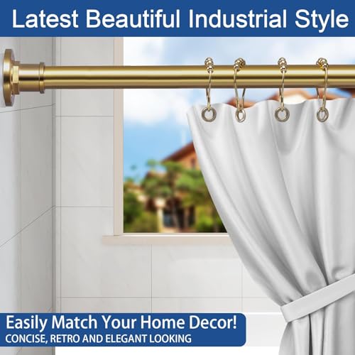 Image of BRIOFOX Industrial Shower Curtain Rod - 2-in-1 Design Tension Curtain Rod - Rustproof Non-Slip 54 to 90 Inch Metal Steel, Light Gold Window Curtain Rod