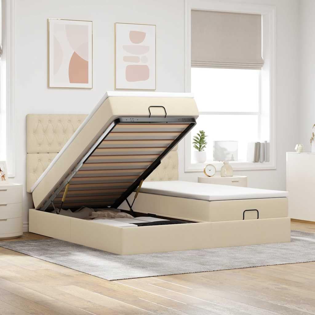 Otoman Storage Bed with Mattresses, Cream, Upholstered Platform Frame, King Size, Hydraulic Lift, zintegrowany zagłówek, bez konieczności wiosny