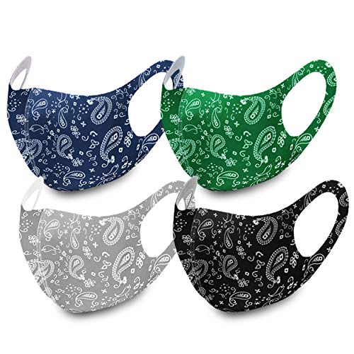 Light Cool Paisley Bandana Face Protective Covering Unisex Reusable Washable Multi Set (1 Pack, SET OF 4 BL-GN-GR-BK)