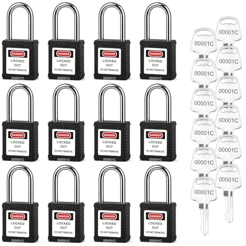 Image of Lockout Tagout Locks 12-Pack|OSHA Black Loto Locks Keyed Alike|12 Same Keys /Set for Industrial Machinery & Electrical Panels|Chrome Steel & Laser Coding