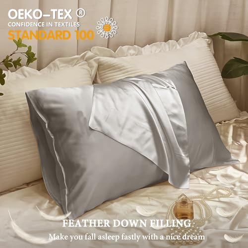 Image of BHZ Goose Down Feather Pillows King Size Set of 2 with Satin Pillowcases, Hotel Bed Pillows for Sleeping Soft Pillow for Side and Back Sleepers with Silk Pillow Cases for Hot Sleepers, Grey