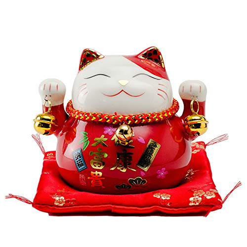 Maneki Neko Porcelana Gato de la Suerte Afortunado Gato Caja de Dinero Lucky bendición Lucky Cat Piggy Bank L12*W9*H10cm,Rojo Cover