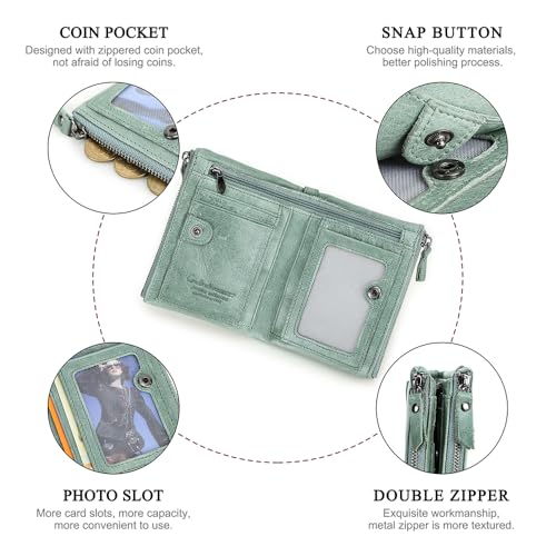 Image of CONTACTS Soft Leather Wallet for Women and Men Small Bifold Coin Purse Double Zipper Card Holder RFID Blocking (Matcha Green)