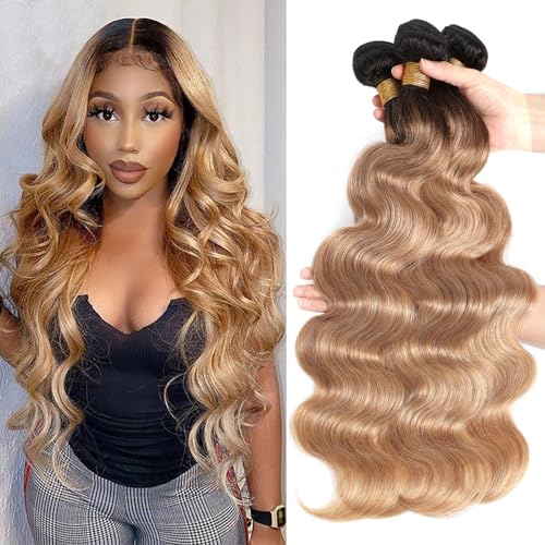 Image of 16A Ombre Body Wave Bundles Human Hair (T1B /27,26 inch 28 inch 30 inch) Brazilian Ombre Brown Human Hair 3 Bundles Deals 100% Unprocessed Virgin Brazilian Body Wave Hair Weave Bundles