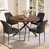 HIPIHOM 45.3'' Walnut Round Dining Table Set for 4, Mid Century Modern Small Coffee Set for Dining Room Kitchen Apartment (Walnut Table + 4 Black Chairs)