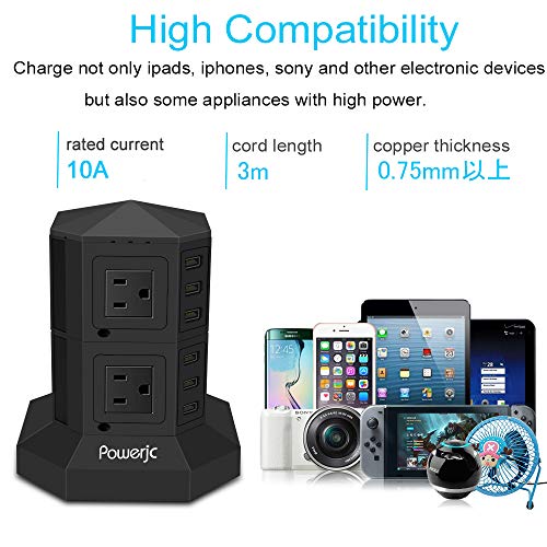 Tower Power Strip Surge Protector 8 AC Outlets with 6 USB Ports Chargers Black-Powerjc