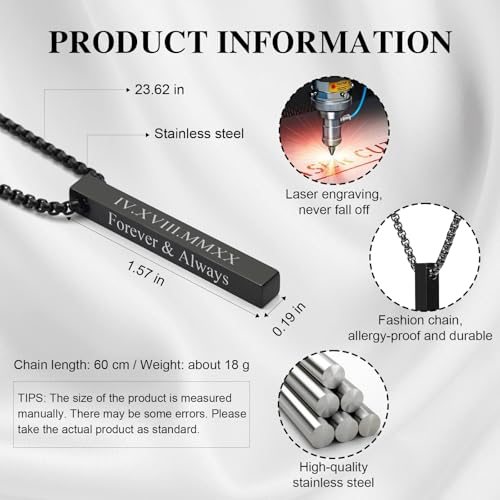 Personalized 3D Bar Vertical Pendant Necklace - Custom 4 Sided Name Text Necklace Engraved Cuboid Stick Necklace Personalized Valentine's Day Gifts for Women Men Couple2