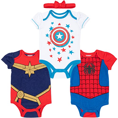Marvel Avengers Captain Marvel Captain America Spiderman Baby Girls Cuddly Short Sleeve Bodysuit & Headband Newborn to Infant