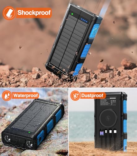 Wireless Power Bank with Hand Crank, Solar Charger, and Emergency Features for Outdoor Enthusiasts