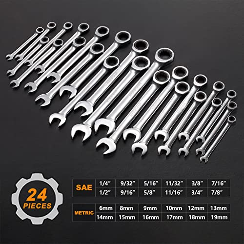 Kboisha 24-Piece Ratchet Wrenches, Chrome Vanadium Steel Ratcheting Combination Wrench Set With Metric & Sae 72-Tooth 8-19Mm And 1/4" To 3/8" Standard Wrench Set With Wrench Organizer #TOP2