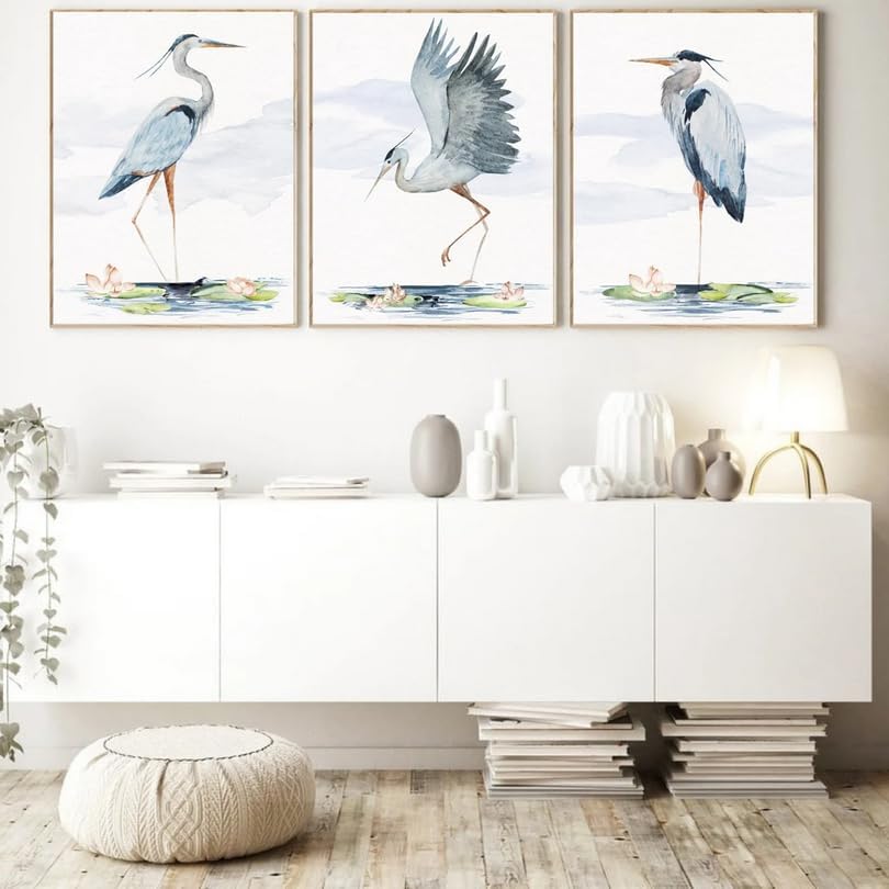 Miniatura 3 de Gran garza azul para pared, impresión artística sobre lienzo, juego de 2 + 1, arte de pared de grulla, arte de pared de garza azul, pintura de grúa