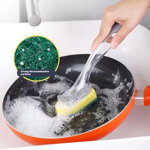 Image of The Pot Brush with Green and Yellow Washing Pads Does not Damage The Pot Handle and can be Used to add Liquid, Brush The Bowl, and Brush The Stove