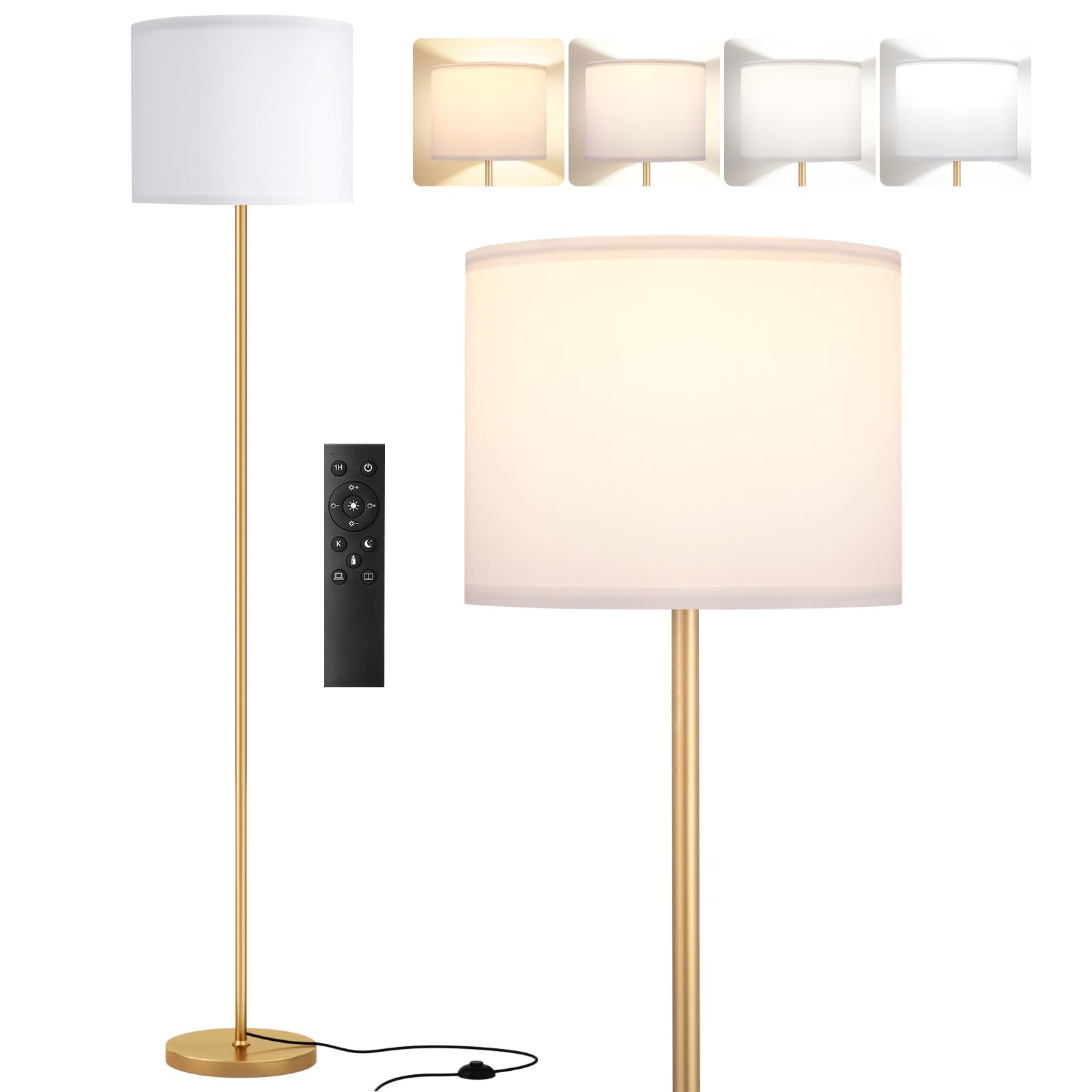 Goldene Stehlampe dimmbar mit Fernbedienung, 5-Stufen Lichtfarbe 3000-6000K