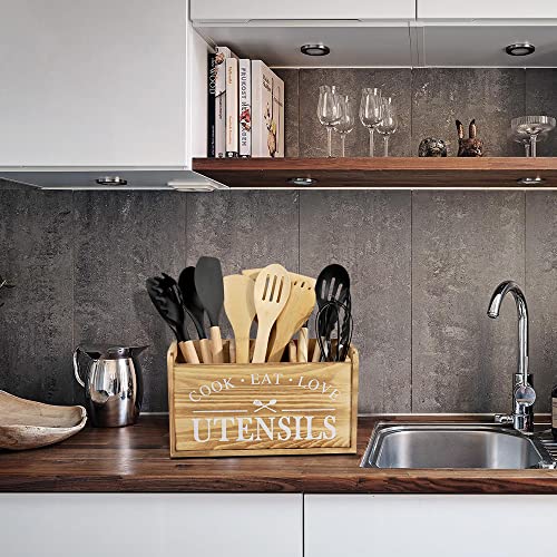 Kitchen-Utensil-Holder-for-Countertop-Large-Solid-Wood-Farmhouse-Cooking-Utensils-Organizer-for-Kitchen-Counter-3-Compartments-Utensil-Spoon-Holder-Kitchen-Tool-Storage-for-Home-Decor-Burned-wood Kitchen Utensil Holder for Countertop Large Solid Wood Farmhouse Cooking Utensils Organizer for Kitchen Counter 3 Compartments Utensil Spoon Holder Kitchen Tool Storage for Home Decor Burned wood