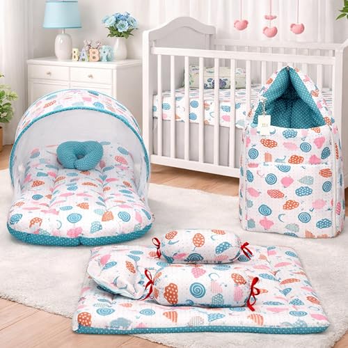 Image of Fareto Combo of Baby Bed with Net | Carry Bag | 4 Pcs Bedding Set (0-6 Months, Baby Size, Cotton) (Pista Sprial)